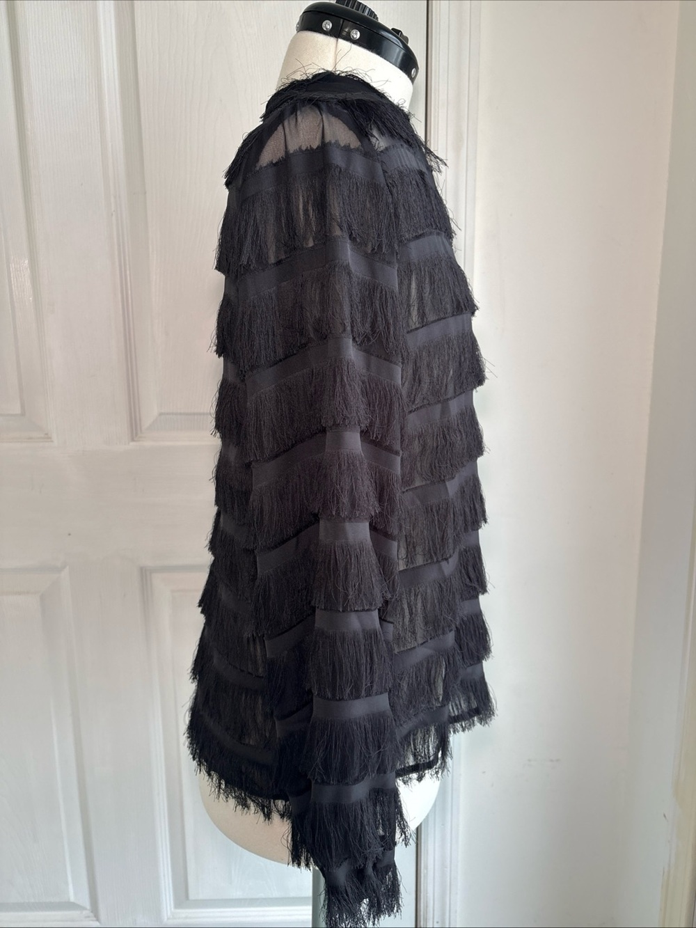 Black Fringe Sheer Button-Up Blouse - Elegant Women's Top sz Sm Holiday top - Picture 6 of 14